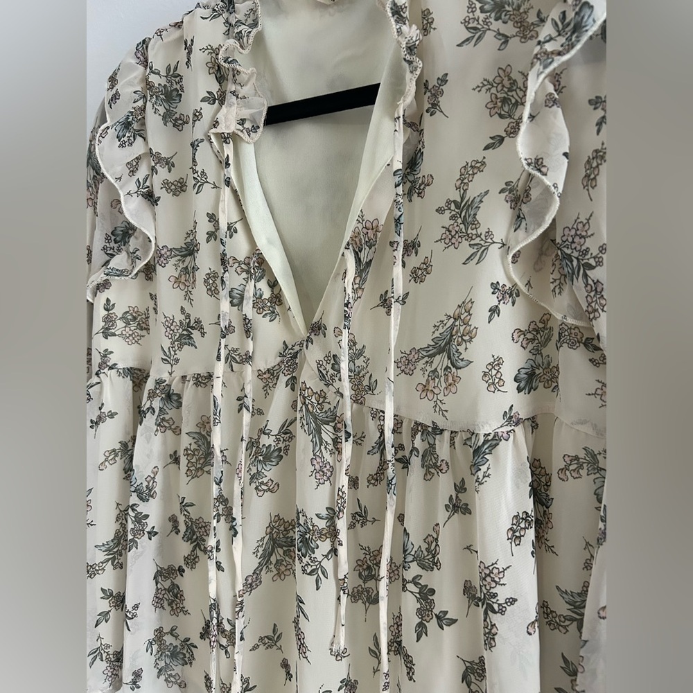 Peach Love California Cream Floral Ruffle Tie-Front Blouse - Picture 2 of 5